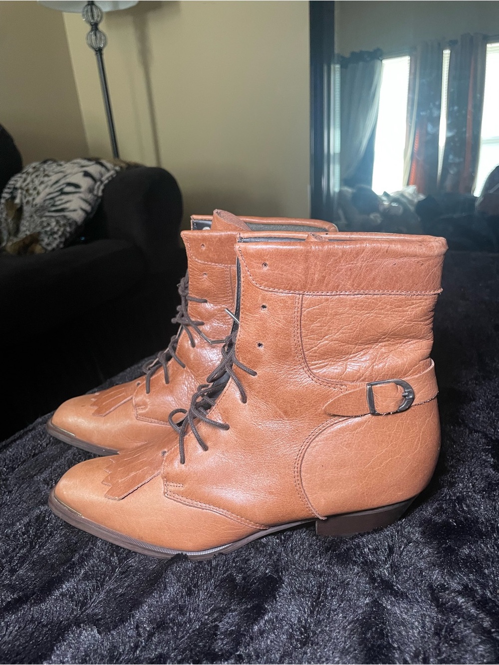 Durango Tan Lace-Up Leather Ankle Boots with Fringe Detail